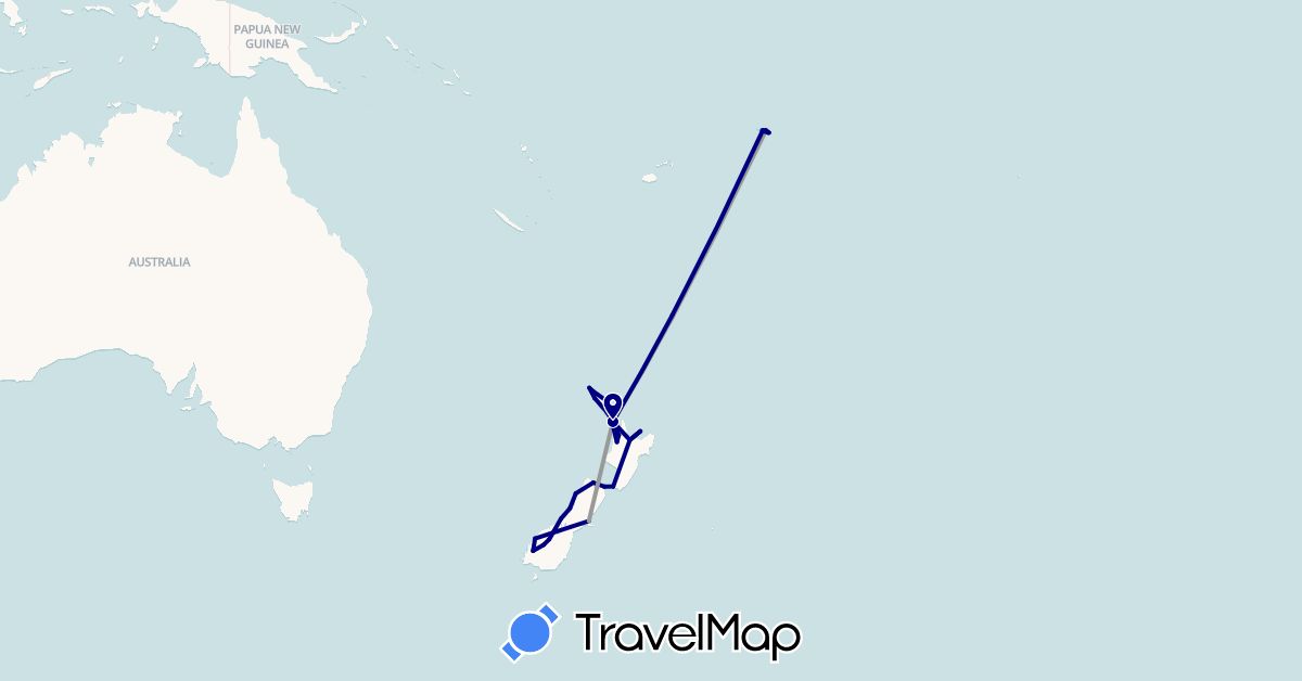 TravelMap itinerary: driving, plane, boat in New Zealand, Samoa (Oceania)